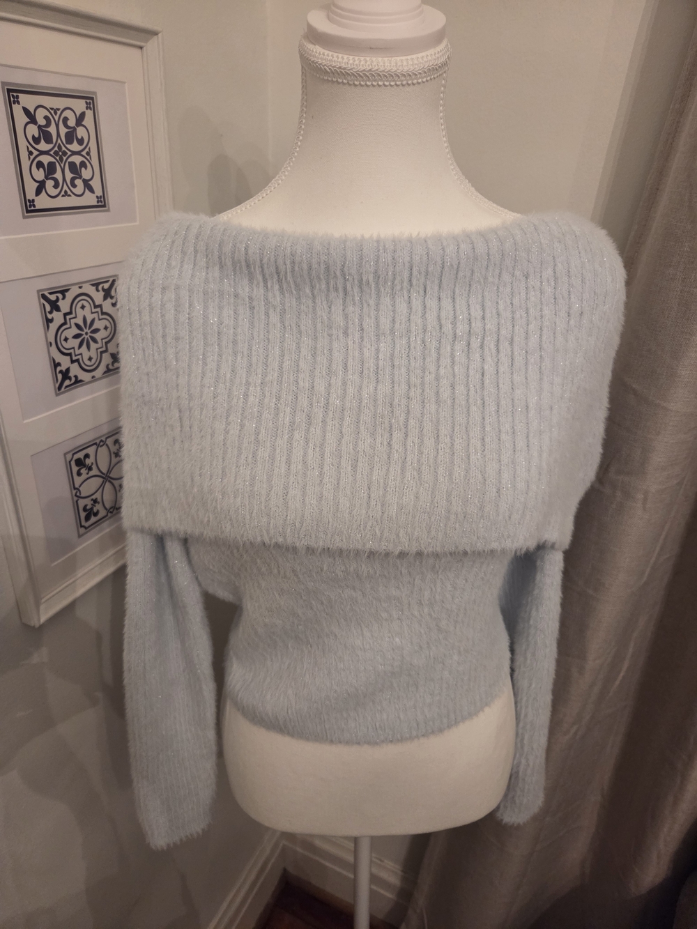 NWT Baby Blue Fuzzy Off-Shoulder Ribbed Women's Sweater - Hippie Rose